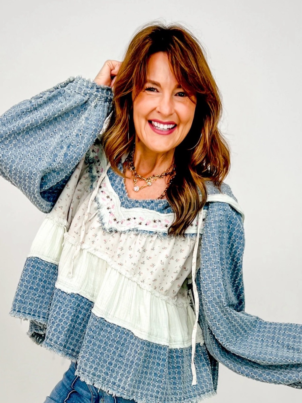 205🌟POL Patchwork Thermal Hoodie Boho Oversized Top❤️